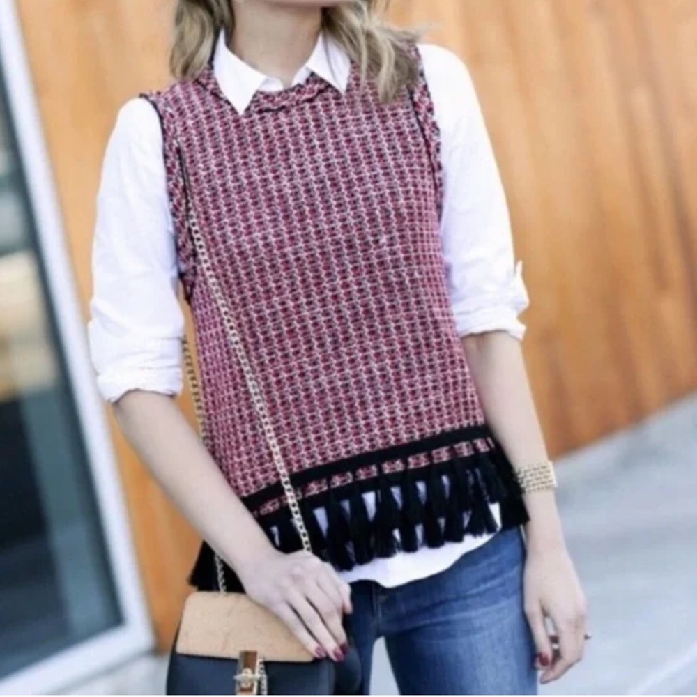 Zara Pink and Black Tweed Fringe Tank Top. S